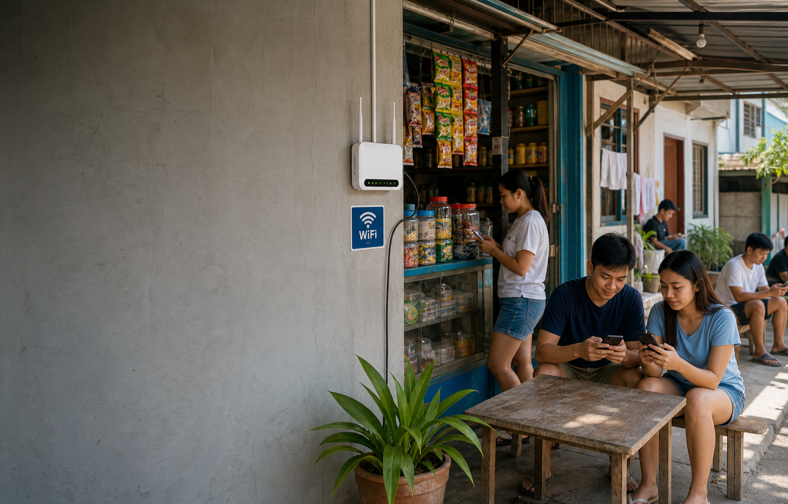 PisoWiFi hotspot setup at a local store with people using phones